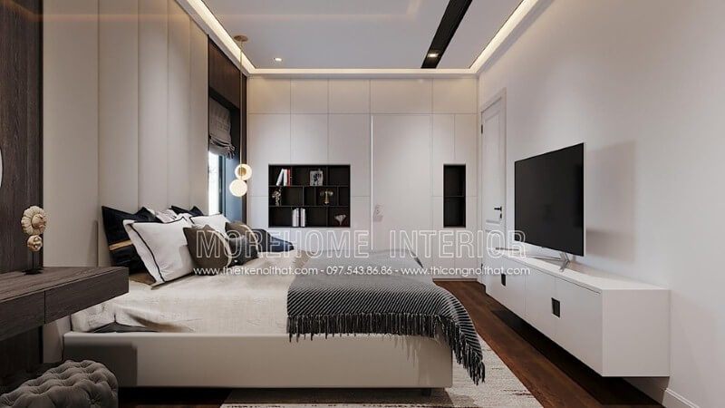 Tường phủ trắng đơn giản nhưng lại tạo nét đẹp sang trọng tinh tế cho phòng ngủ hiện đại.