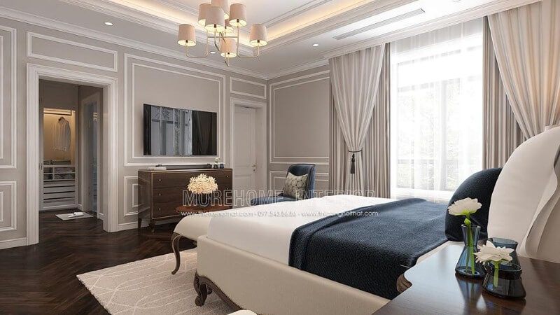 Sắp xếp nội thất phòng ngủ vợ chồng tân cổ điển sử dụng tone trắng chủ đạo sẽ là lựa chọn ấn tượng cho chủ nhà mệnh Kim.