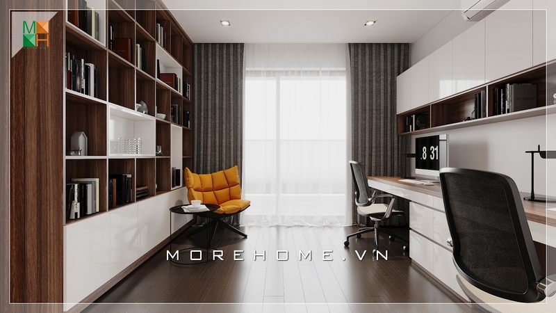 Mẫu thiết kế nội thất chung cư, nhà phố, biệt thự theo phong cách hiện đại cửa ban công thông thoáng có ánh sáng tự nhiên chiếu vào là điều kiện lý tưởng cho không gian phòng học .