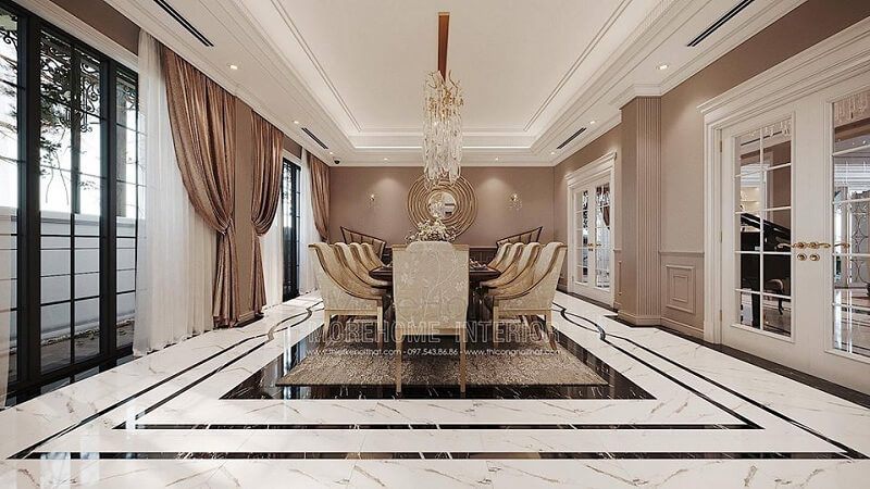 Mẫu bàn ăn biệt thự đẹp với tông màu vàng kim cuốn hút đươc sản xuất tại MoreHome