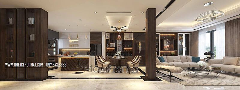 Thiết kế phòng khách liên bếp với nội thất gỗ tự nhiên sang trọng