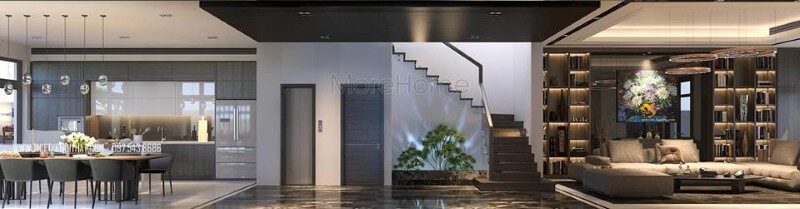 Bố trí nội thất biệt thự, nhà phố hiện đại, độc đáo với ý tưởng thiết kế phòng khách liền phòng bếp, ăn.