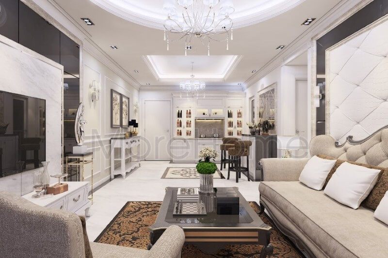 Mẫu thiết kế phòng khách chung cư sang trọng là sự kết hợp hài hòa của nét đẹp hiện đại trẻ trung khỏe khoắn cộng với sự mềm mại sang trọng của phong cách nội thất cổ điển