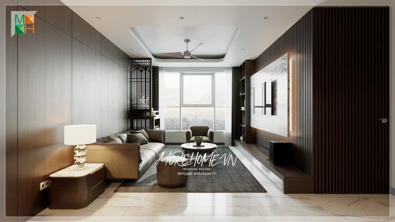 Phòng khách căn hộ nội thất thiết kế đơn giản hiện đại nhưng không kém phần sang trọng tiện nghi bởi đây là không gian chính trong ngôi nhà thể hiện tính cách gu thẩm mỹ của gia chủ
