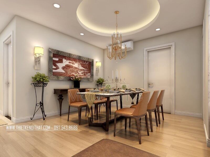 Với tone màu chủ đạo nâu sữa nhẹ đồng bộ và kết hợp hài hòa với các sắc màu sử dụng xuyên suốt không gian, góp phần tạo một thể không gian nội thất phòng ăn chung cư thống nhất, hài hòa và cân bằng.