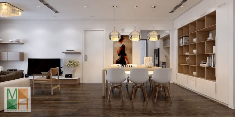Thiết kế phòng ăn hiện đại nối liền với phòng khách không có vách ngăn mang đến một không gian tiện nghi và gần gũi.