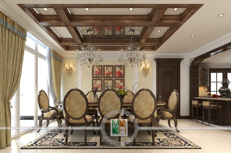 Thiết kế nội thất phòng ăn đẹp với bộ bàn ăn tân cổ điển màu vàng ánh kim lộng lẫy