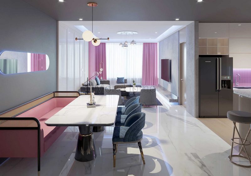 Thiết kế nội thất phòng ăn chung cư với tone màu cá tính kết hợp màu hồng dễ thương tạo lên sự lãng mạn cho không gian ngôi nhà.