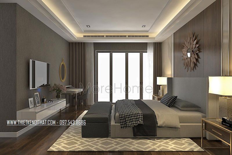 Bàn trang điểm được thiết kế nhẹ nhàng với mẫu gương tròn mạ vàng tạo sự tinh tế cho gia chủ