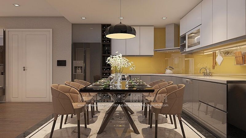 Bộ bàn ghế ăn hiện đại với mặt bàn sử dụng kính cường lực cao cấp kết hợp 6 ghế gỗ bọc da sang trọng mang đến vẻ đẹp sang trọng và đẳng cấp cho gia chủ