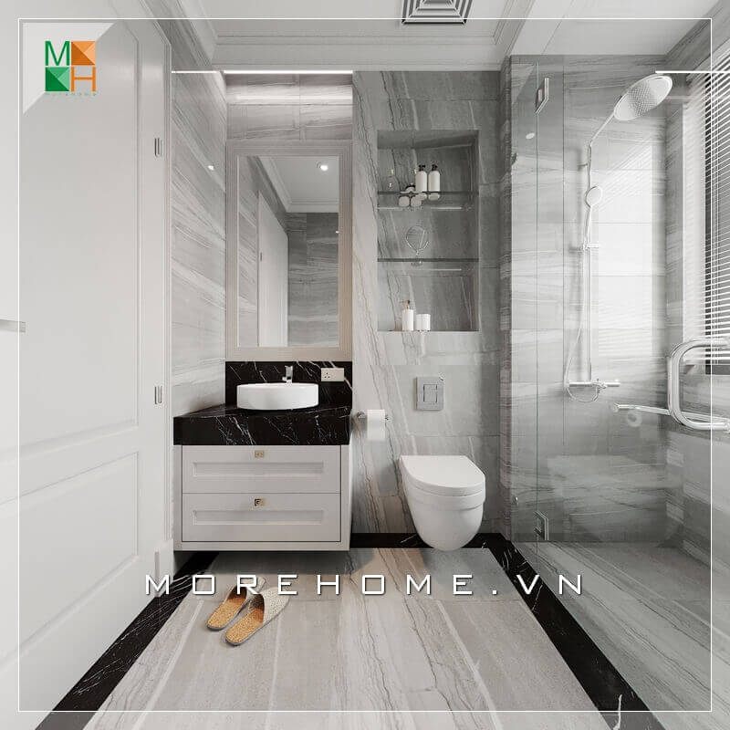 Sử dụng đồng bộ gạch lát nên và ốp tường đẹp, phòng tắm trở nên sang trọng và rất tiện nghi.