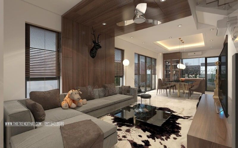 Bộ sofa hiện đại vừa khít không gian, gợi mở một không gian thiết kế nội thất phòng khách biệt thự gọn gàng, ngăn nắp