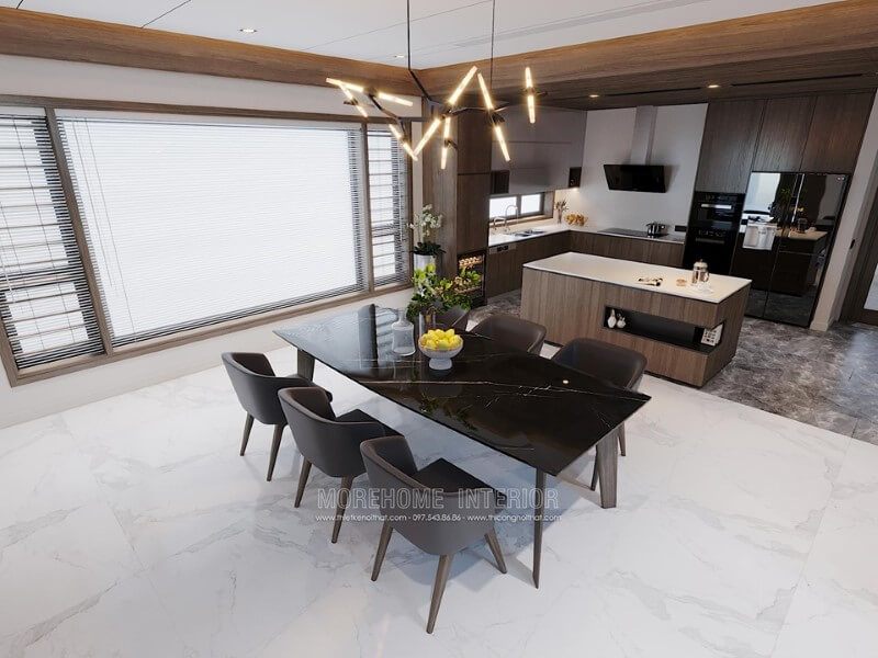Mẫu bàn ăn gỗ tự nhiên, mặt bàn đá cao cấp màu đen kết hợp ghế gỗ bọc sofa đơn giản hiện đại cho không gian sum họp, ấm cúng phòng ấm