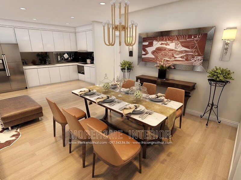 Bộ bàn ăn hiện đại với bàn ăn sử dụng gỗ acrylic kết hợp ghế gỗ tự nhiên bọc da màu cam nổi bật tạo điểm nhấn nổi bật cho căn phòng