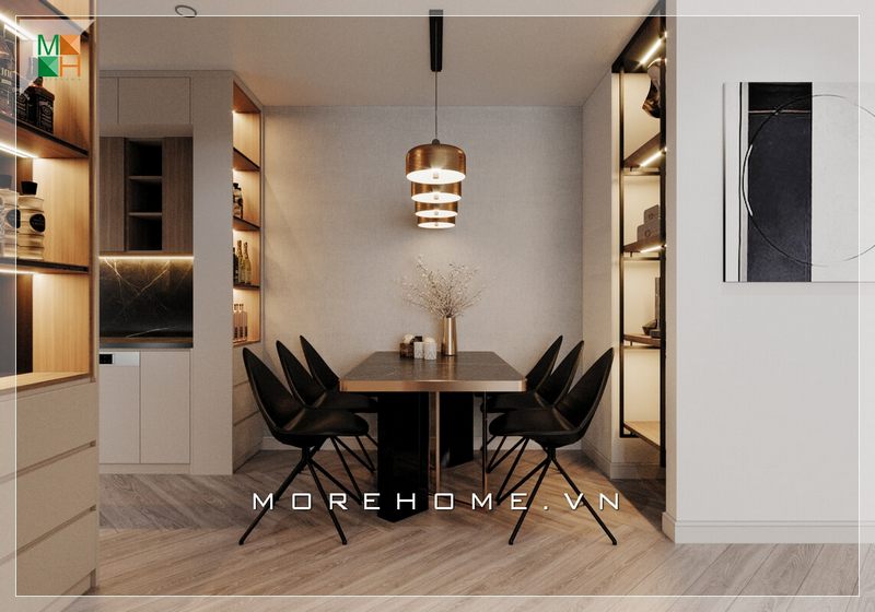 Tâm điểm của thiết kế nội thất phòng ăn chung cư diện tích nhỏ là mẫu bàn ghế hiện đại cho 6 người cùng với hệ thống tủ để đồ âm tường tiện lợi