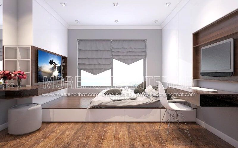 Chỉ với 2 tone màu trắng và nâu trầm, giường ngủ gỗ công nghiệp tạo nên một căn phòng ấn tượng và đẹp mặt hơn