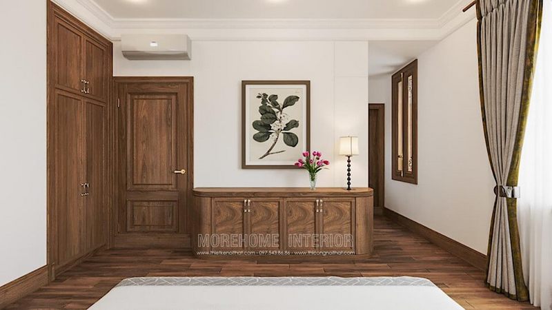 Trang trí nội thất phòng ngủ với kệ gỗ tự nhiên đẹp sang trọng