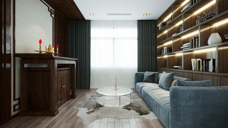 Mẫu kệ tủ gỗ công nghiệp hiện đại với thiết kế dài áp trần nhiều ô ngăn cách giúp trưng bày sách hay trang trí làm đẹp cho không gian phòng