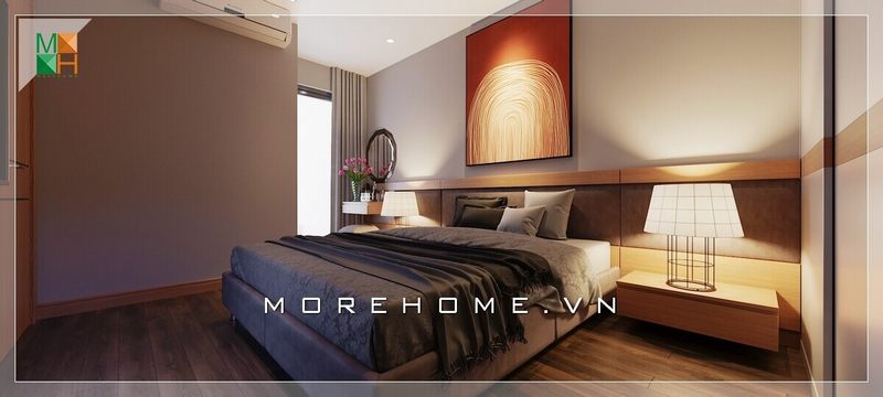 Mẫu thiết kế nội thất phòng ngủ đẹp phong cách đơn giản hiện đại, ấn tượng với thiết kế kệ gỗ dài đầu giường được thiết kế gọn gàng, thông minh và sáng tạo.