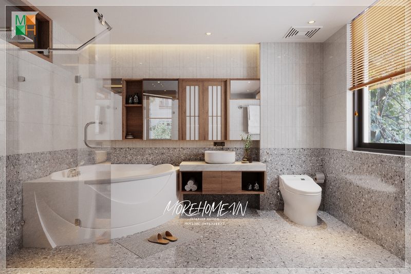 Kệ tủ lavabo treo tường gỗ công nghiệp mặt đá trắng hiện đại tiện dụng cho cất trữ sắp xếp đồ đạc cần thiết trong phòng tắm.