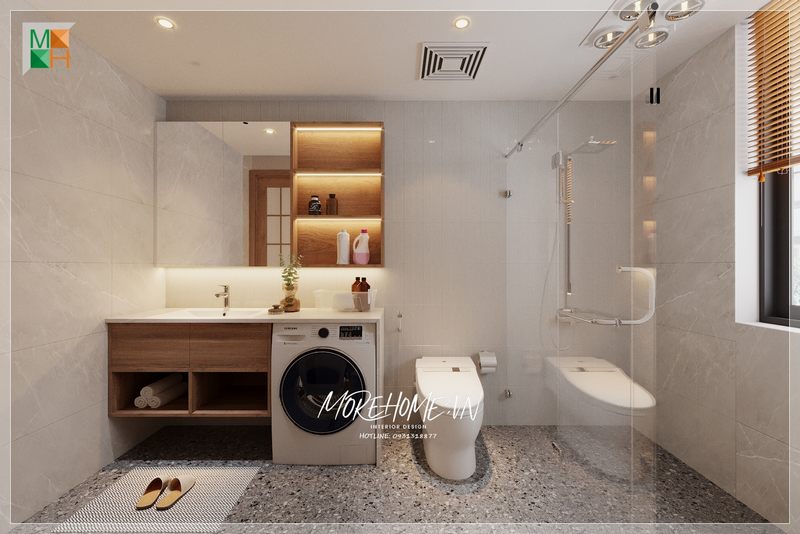 Kệ tủ lavabo treo tường gỗ công nghiệp mặt đá trắng hiện đại tiện lợi cho cất trữ đồ dùng cần thiết trong phòng tắm tạo sự gọn gàng cho không gian.