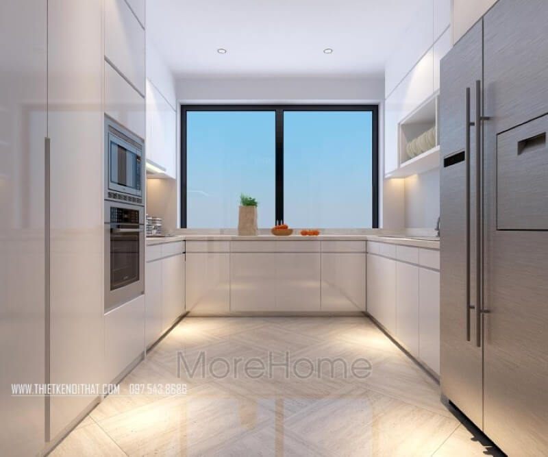 Vẫn sử dụng gam màu trắng chủ đạo trong thiết kế phòng bếp, đá ốp bếp solid surface màu trắng cũng được gia chủ lựa chọn tạo sự đồng nhất và tinh tế hơn cho không gian căn phòng