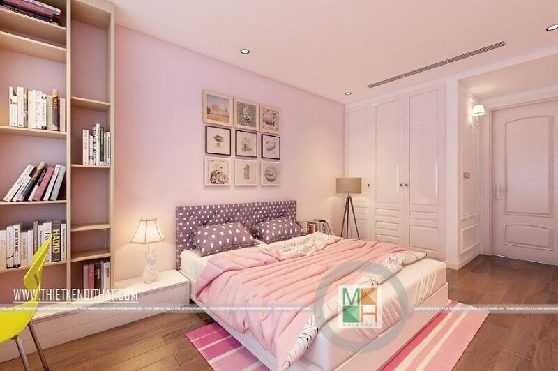 Thiết kế phòng ngủ chung cư đẹp với tông màu hồng nữ tính được các bé gái rất yêu thích.