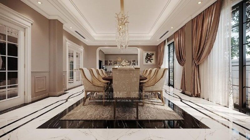 Trang trí nội thất phòng ăn đẹp ấn tượng với đồ nội thất cao cấp và cách phối màu khéo léo tạo nên vẻ đẹp tinh tế cho toàn bộ không gian.