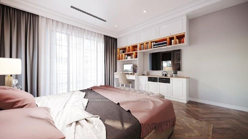 Bàn học liền kệ trang trí, kệ tivi, tủ đựng đồ tạo không gian đẹp, liền mạch, tối giản diện tích nhưng lại đảm bảo công năng hiệu quả cho phòng con