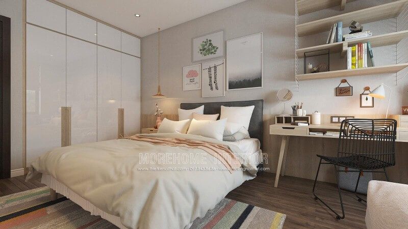 Bàn làm việc cùng kệ trang trí gỗ sồi tone sáng tạo nên góc học tập, làm việc hiện đại, trẻ trung cho phòng ngủ nữ