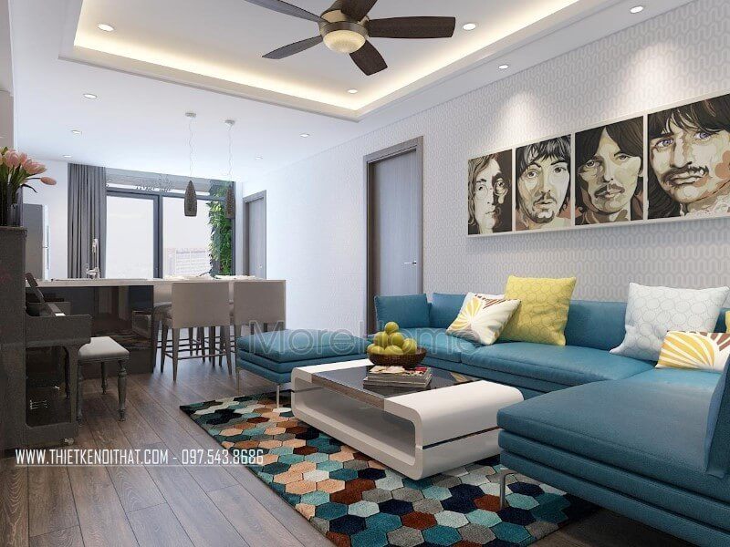 Nội thất phòng khách của chung cư phong cách hiện đại là sự kết hợp giữa các yếu tố thời thượng và hiện đại.
